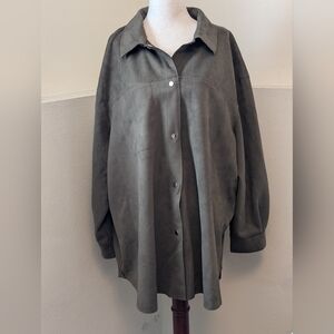 Oversized Olive Green Faux Leather Button-Up Shirt